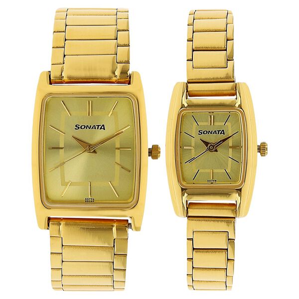 Sonata Quartz Analog Champagne Dial Stainless Steel Strap Watch for Couple - image number 0