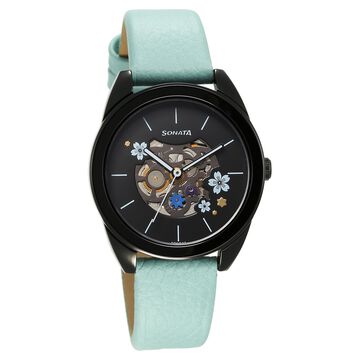 Sonata Unveil Quartz Multifunction Black Dial Leather Strap Watch for Women