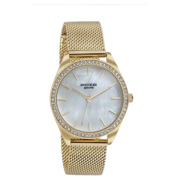 Sonata Poze Quartz Analog Mother of Pearl Dial Golden Color Stainless Steel Strap Watch For Women - image number 2