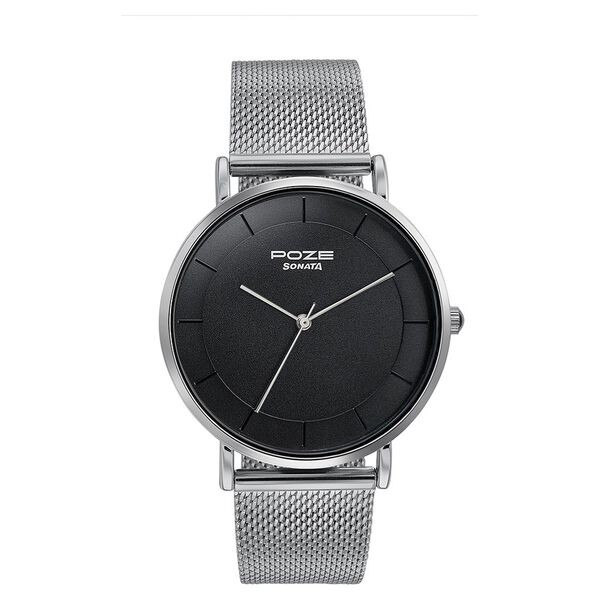 Sonata Poze Quartz Analog Black Dial Silver Mesh Strap Watch For Men - image number 1