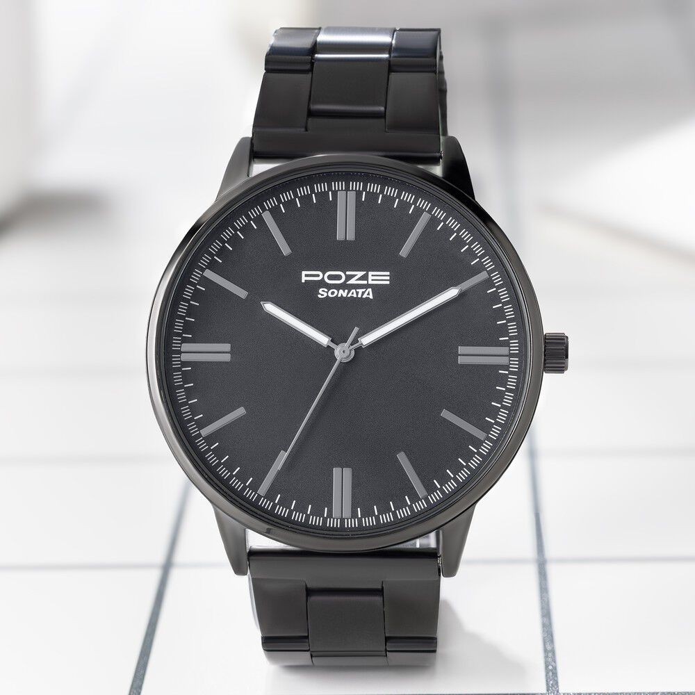 Buy Online Sonata Poze Quartz Analog Black Dial Metal Strap Watch for Men sp70035nm01w p Sonata