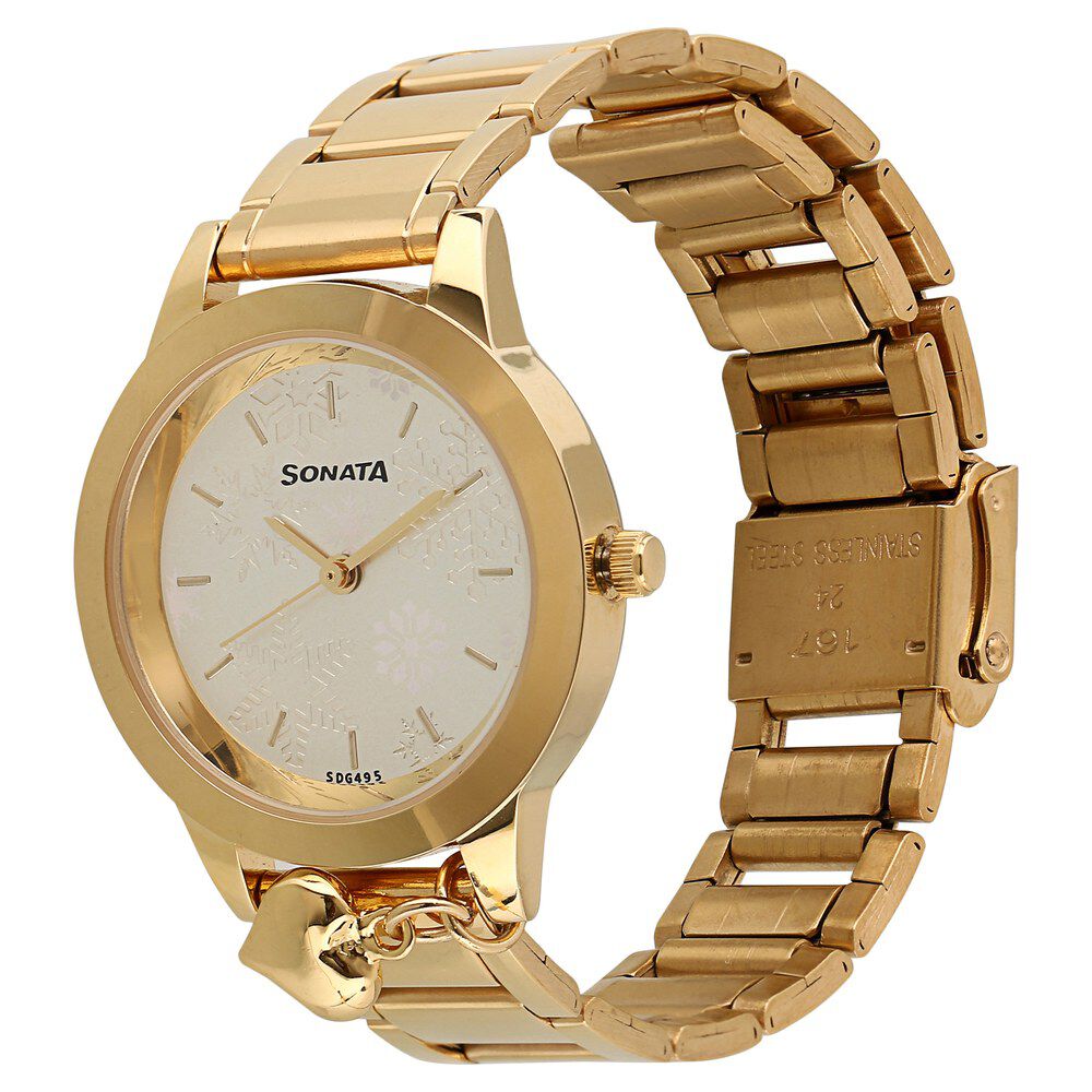 Sonata Charmed Golden Dial Women Watch With Stainless Steel Strap