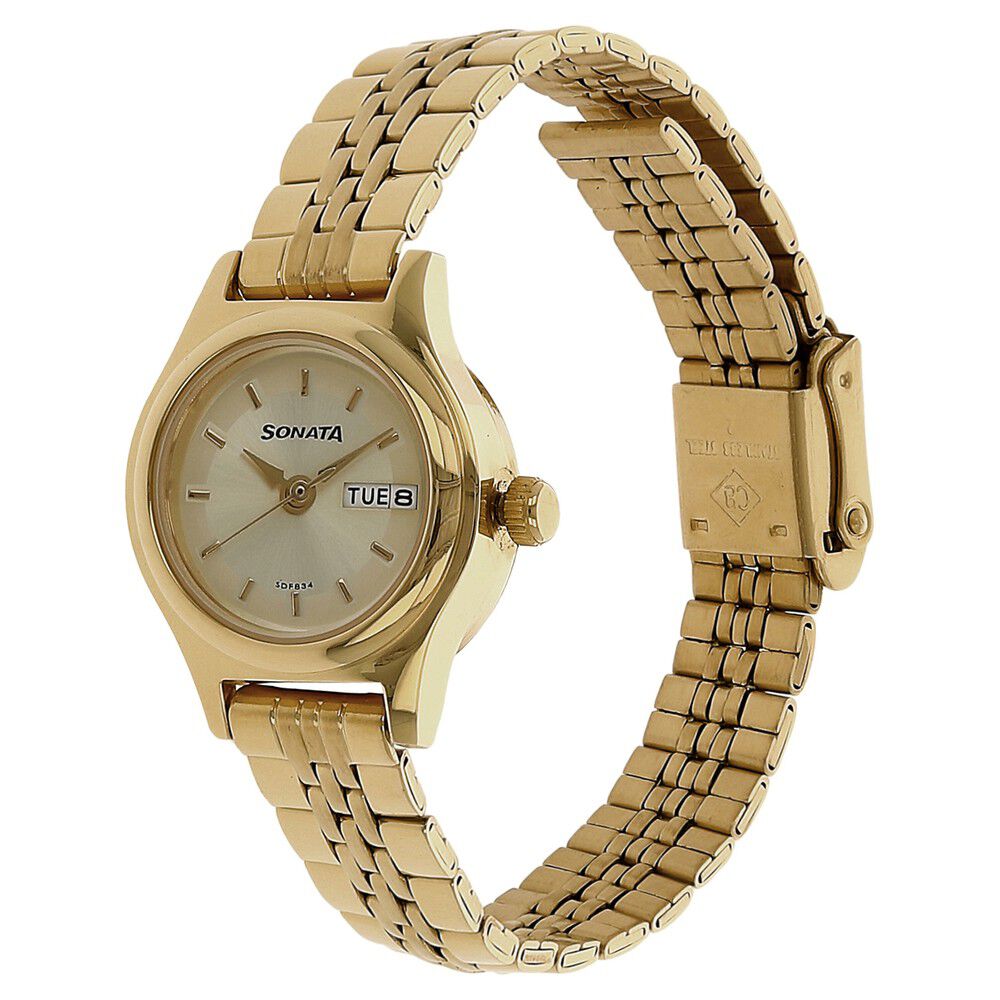 Buy Online Sonata Quartz Analog with Day and Date Champagne Dial Stainless Steel Strap Watch for Women ns8021ym05 Sonata
