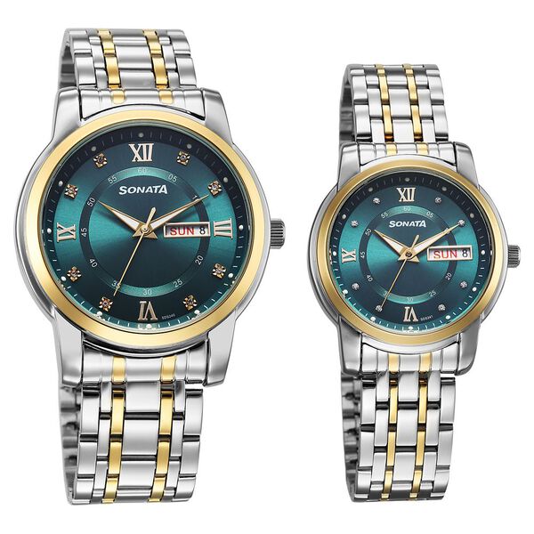 Sonata Perfect Pairs Quartz Analog Teal Dial Two Toned Metal Strap Watch For Couple - image number 0