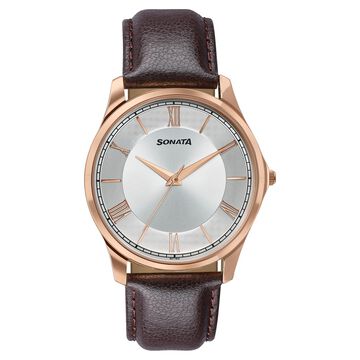 Sonata Traditional Essentials Silver Dial, Rose Gold tone case Burgundy Genuine Leather Strap Watch