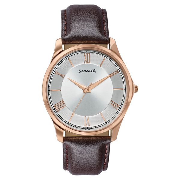 Sonata Traditional Essentials Silver Dial, Rose Gold tone case Burgundy Genuine Leather Strap Watch - image number 0