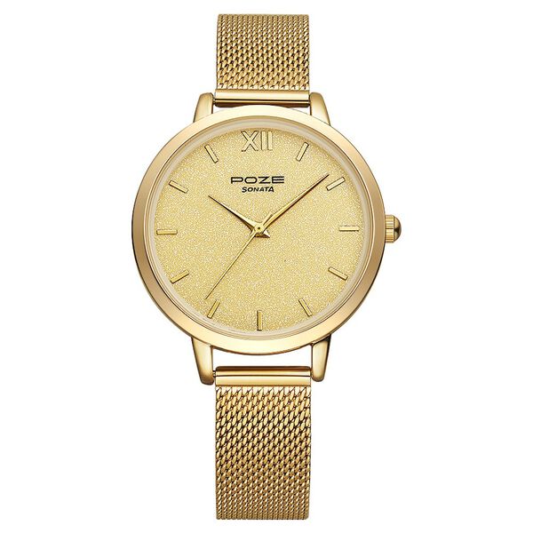 Poze by Sonata Quartz Analog Golden Dial Stainless Steel Strap Watch for Women - image number 0