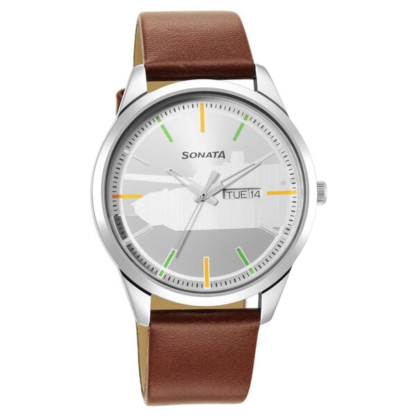 Sonata Force Quartz Analog with Day and Date Silver Dial Leather Strap Watch for Men - image number 0