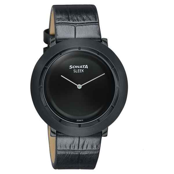 Sonata Sleek Black Dial Black-Tone Leather Strap Watch - image number 1