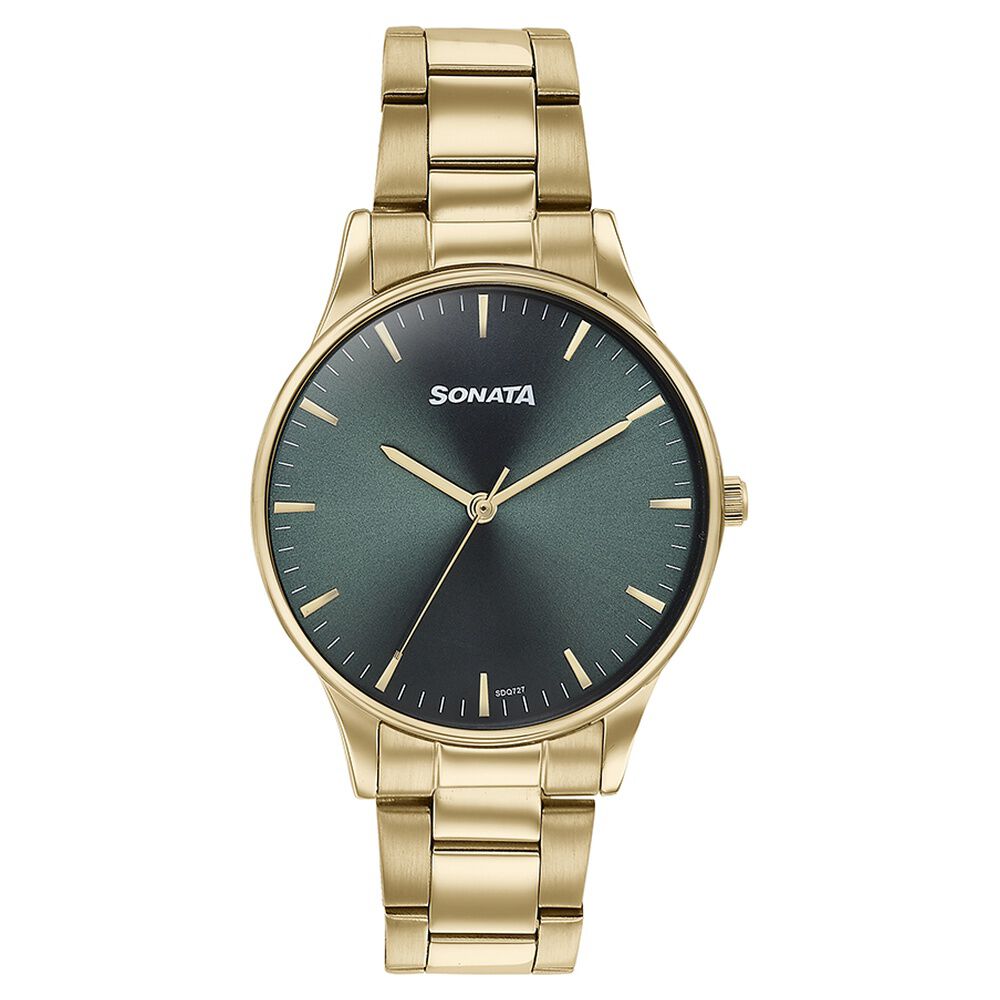 Buy Online Sonata Quartz Analog Green Dial Golden Stainless Steel Strap Watch For Men 77144ym04 p Sonata