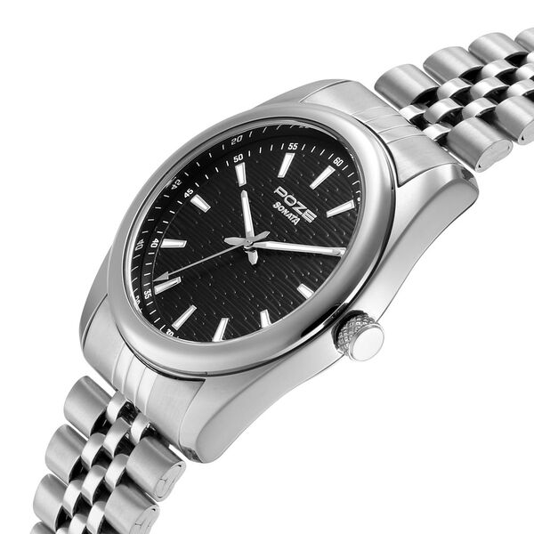 Poze By Sonata Quartz Analog Black Dial Silver Metal Strap Watch For Men - image number 4