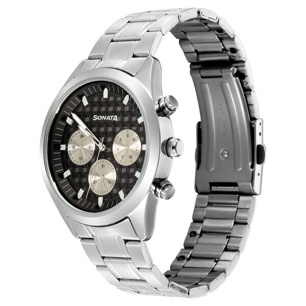 Sonata Summit Quartz Multifunction Black Dial Silver Metal Strap Watch For Men - image number 2