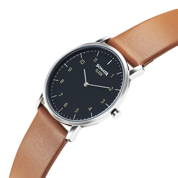 Sonata Sleek Quartz Analog Grey Dial Tan Leather Strap Watch For Men - image number 1