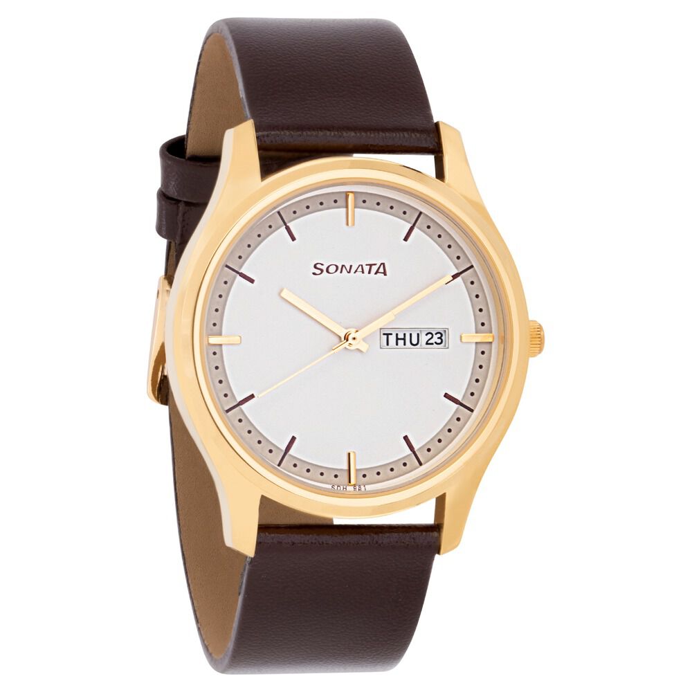 Sonata Quartz Analog with Day and Date White Dial Leather Strap