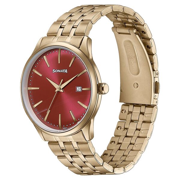Sonata Wedding Edit Quartz Analog with Date Red Dial Stainless Steel Strap Watch For Men - image number 3