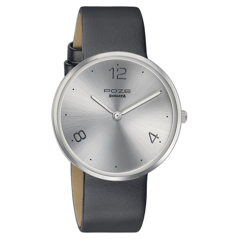Buy Online Sonata Poze Quartz Analog Silver Dial Leather Strap Watch for Men sp70007sl02 Sonata