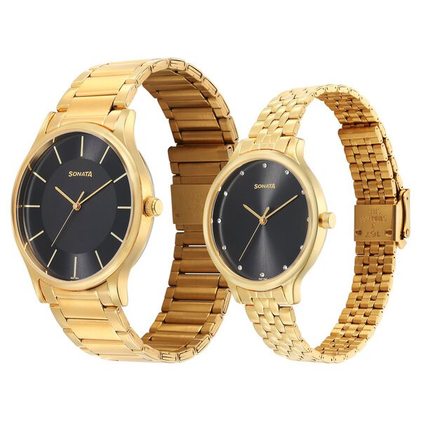 Sonata Pair Quartz Analog Black Dial Stainless Steel Strap Watch for Couple - image number 1