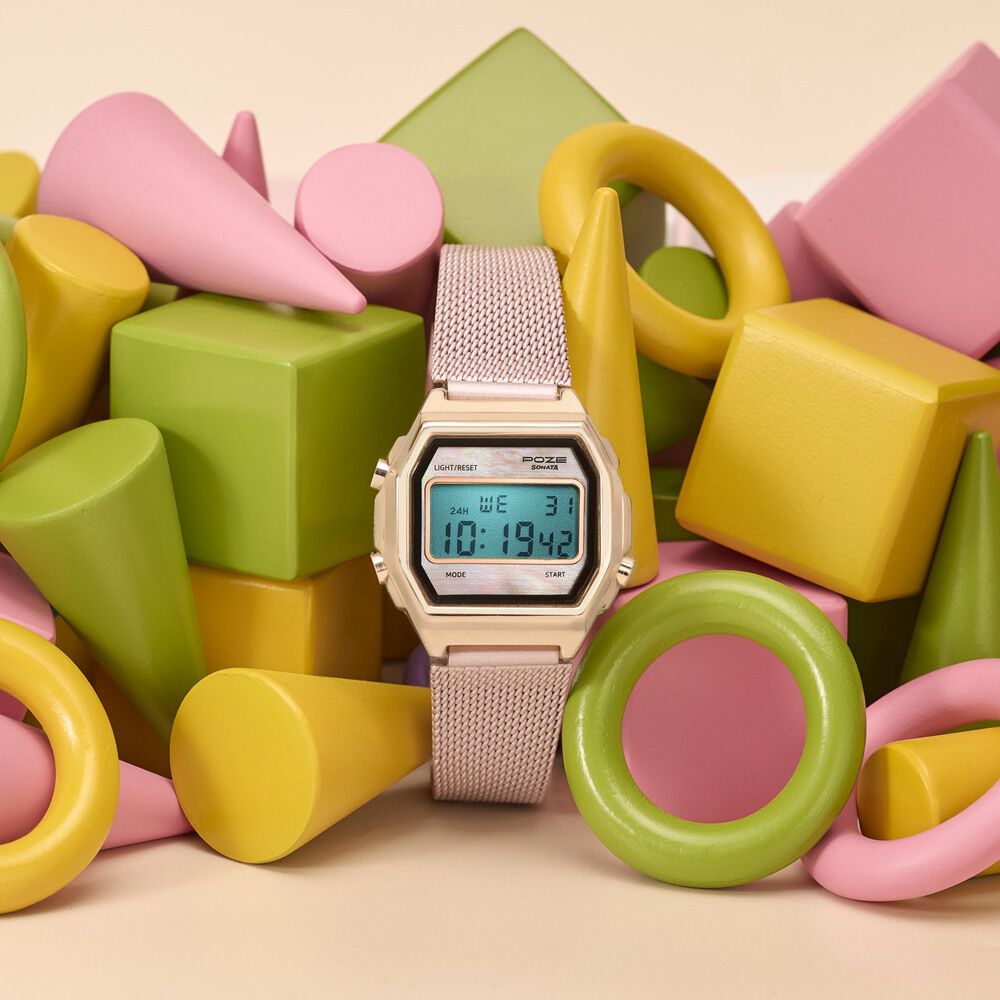 Poze By Sonata Digital Digital Pink Dial Pink Metal Strap Watch For Women