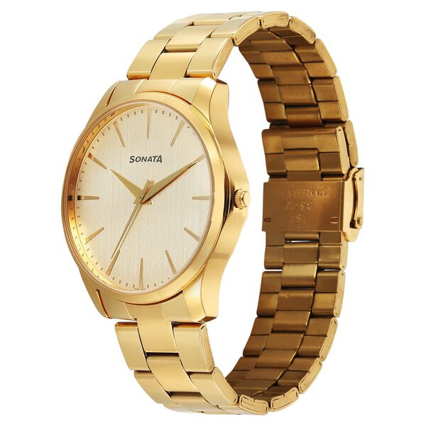 Sonata Traditional Essentials Quartz Analog Champagne Dial Golden Metal Strap Watch For Men - image number 2