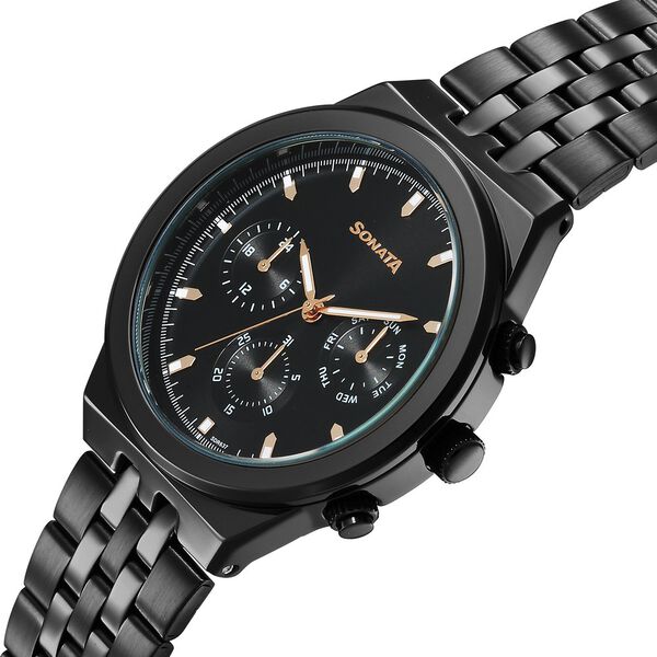Sonata Eternia Quartz Multifunction Black Dial Metal Strap Watch For Men - image number 2