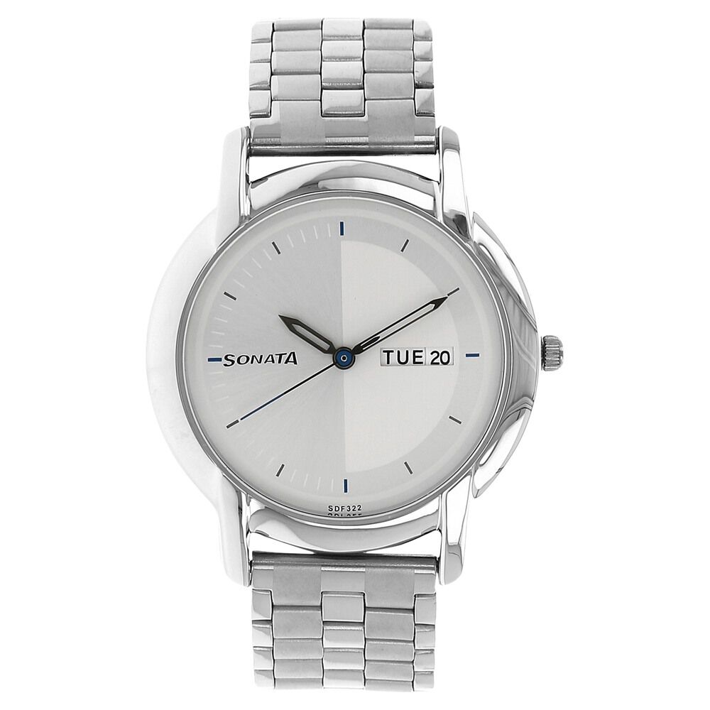 Buy Online Sonata Quartz Analog with Day and Date Silver Dial Stainless Steel Strap Watch for Men nl7954sm07w Sonata