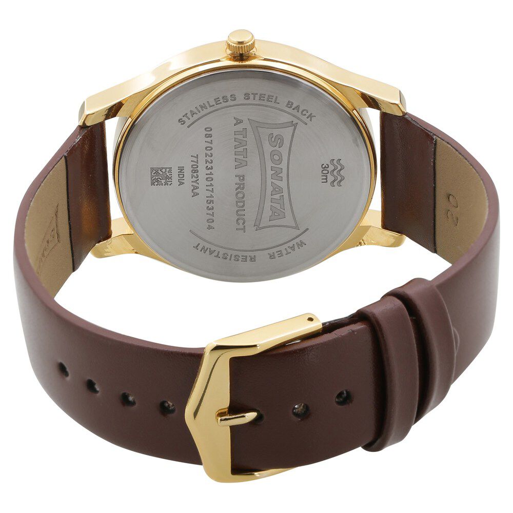Buy Online Sonata Quartz Analog Champagne Dial Leather Strap Watch for Men ns77082yl01w Sonata