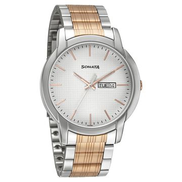 Sonata Quartz Analog with Day and Date White Dial Metal Strap Watch for Men