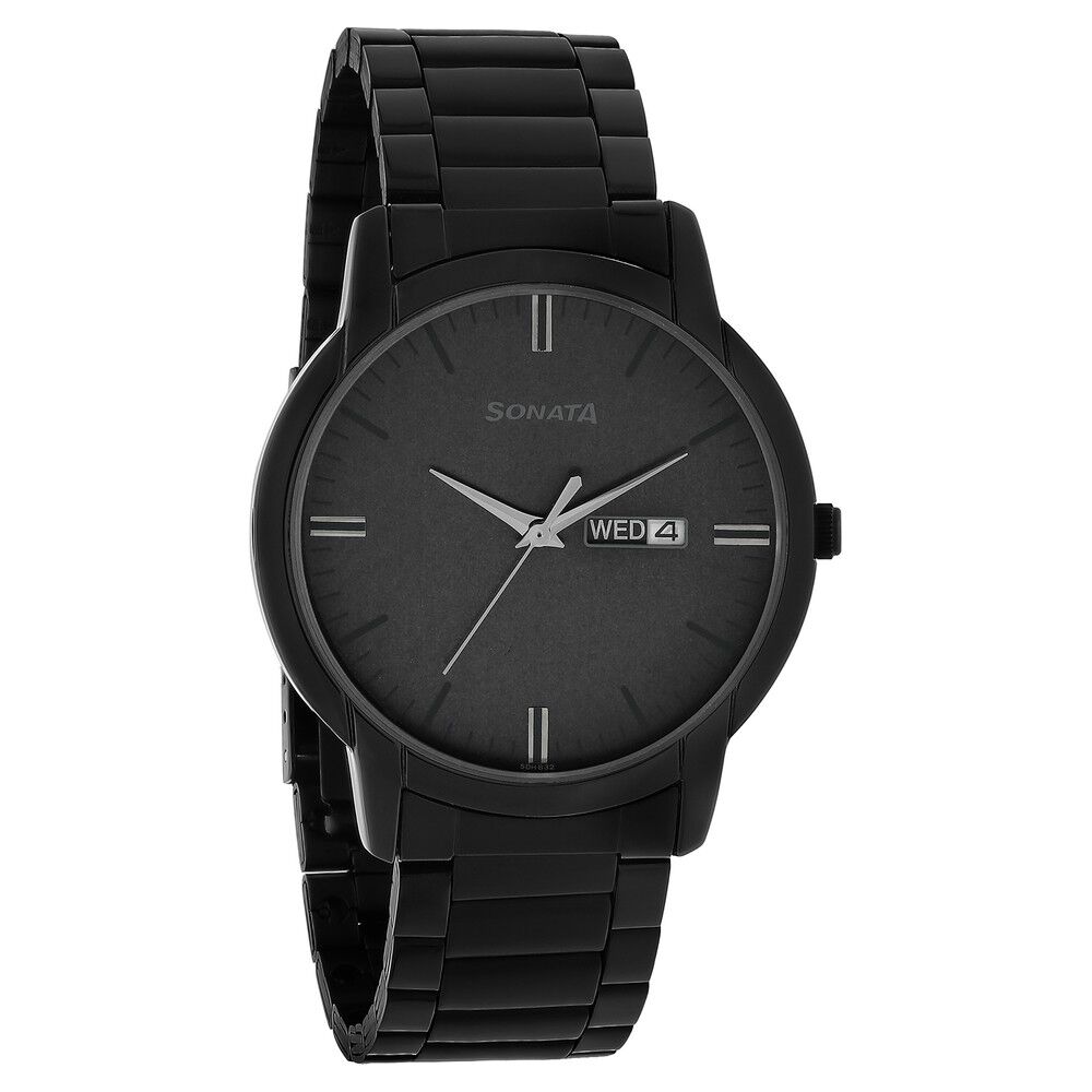 Sonata Quartz Analog with Day and Date Black Dial Stainless Steel