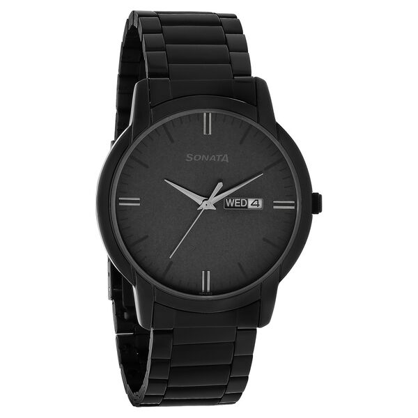 Sonata Quartz Analog with Day and Date Black Dial Stainless Steel Strap Watch for Men - image number 1