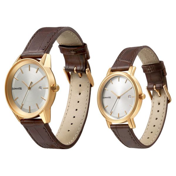 Sonata Quartz Analog with Date White Dial Leather Strap Watch for Couple - image number 1