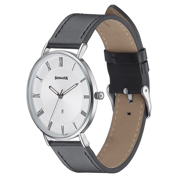 Sonata Quartz Analog with Date Silver Dial Black Leather Strap Watch For Men - image number 3