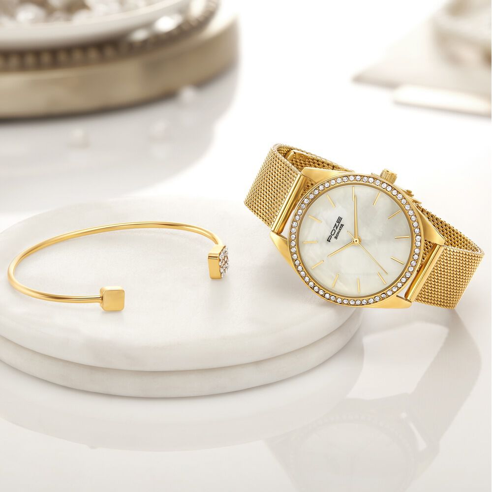 Buy Online Sonata Poze Quartz Analog Mother of Pearl Dial Golden Color Stainless Steel Strap Watch For Women sp80078ym01wf Sonata