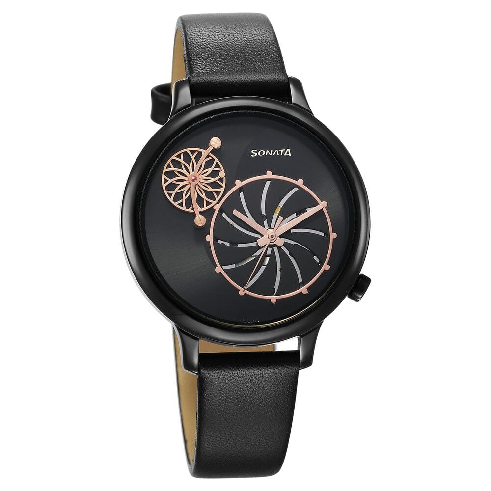 Buy Online Sonata Unveil Quartz Analog Black Dial Leather Strap Watch for Women 8190nl01 Sonata