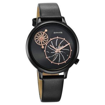 Sonata Unveil Quartz Analog Black Dial Leather Strap Watch for Women