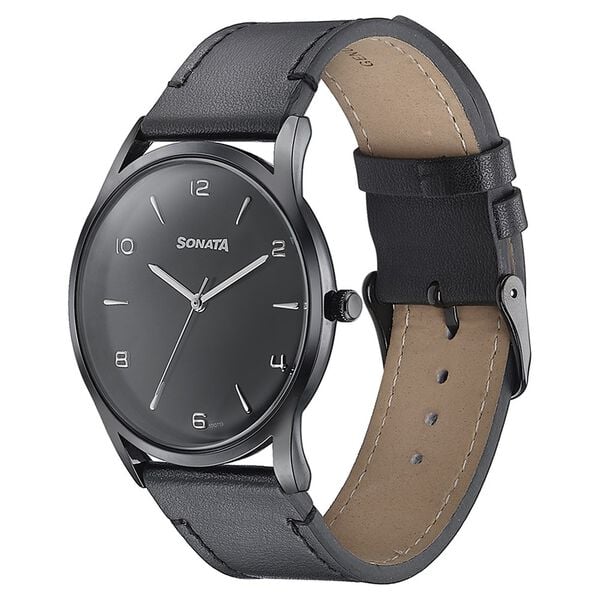 Sonata Quartz Analog Black Dial Black Leather Strap Watch For Men - image number 3