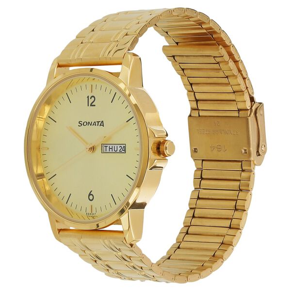 Sonata Quartz Analog with Day and Date Champagne Dial Stainless Steel Strap Watch for Men - image number 1