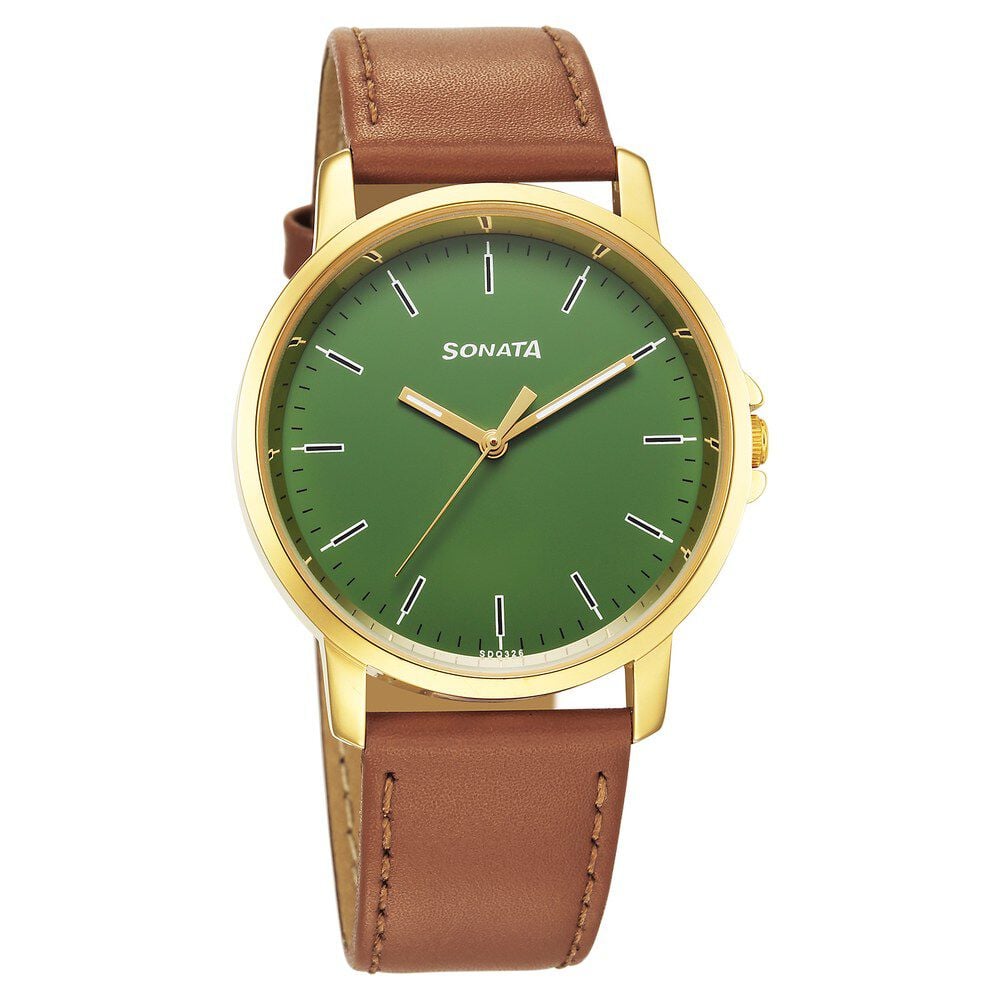 Buy Online Sonata Traditional Essentials Quartz Analog Green Dial Leather Strap Watch for Men 77083yl04 Sonata