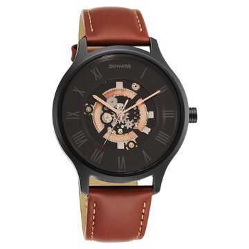 Sonata Unveil Quartz Analog Black Dial Leather Strap Watch for Men