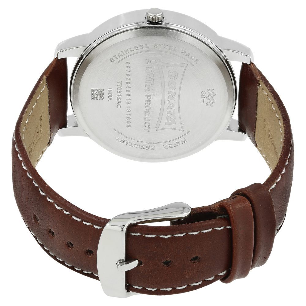 Buy Online Sonata Quartz Analog with Day and Date Blue Dial Leather Strap Watch for Men np77031sl01 Sonata
