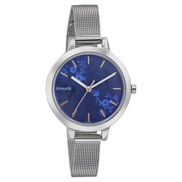 Sonata Silver Lining Blue Dial Women Watch With Stainless Steel Strap