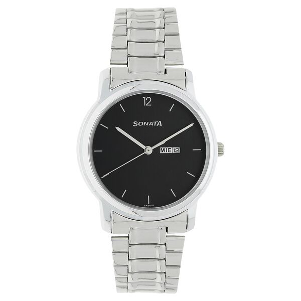 Sonata Quartz Analog with Day and Date Black Dial Stainless Steel Strap Watch for Men - image number 0