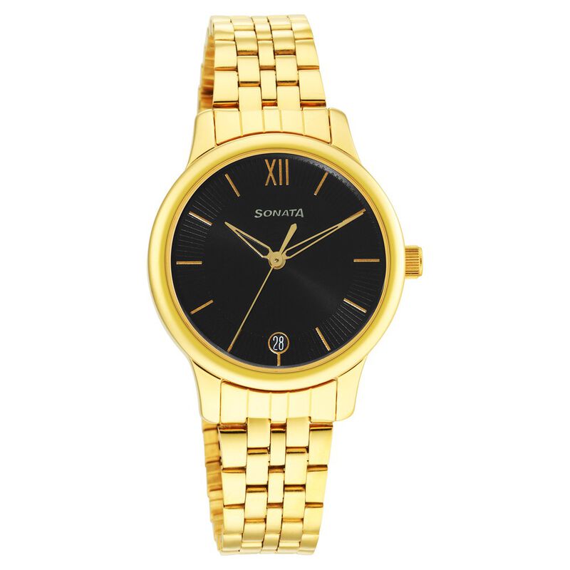 Sonata Classic Gold Black Dial Metal Strap Watch for Women - image number 0