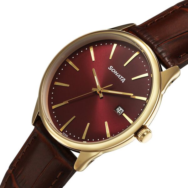 Sonata Eternia Quartz Analog with Date Maroon Dial Leather Strap Watch For Men - image number 2
