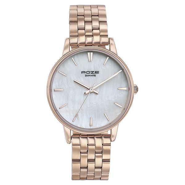 Sonata Poze Quartz Analog Mother of Pearl Round Dial Rose Gold Stainless Steel Strap Watch For Women - image number 1