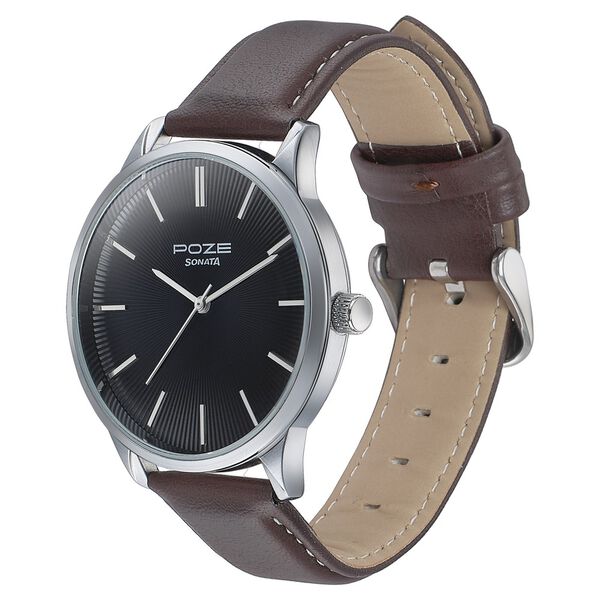 Sonata Poze Quartz Analog Black Dial Brown Color Leather Strap Watch For Men - image number 3