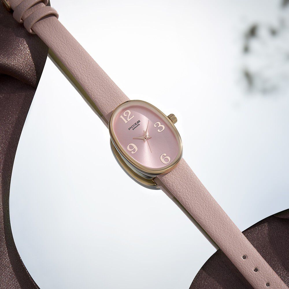 Sonata Poze Quartz Analog Pink Dial Leather Strap Watch for Women