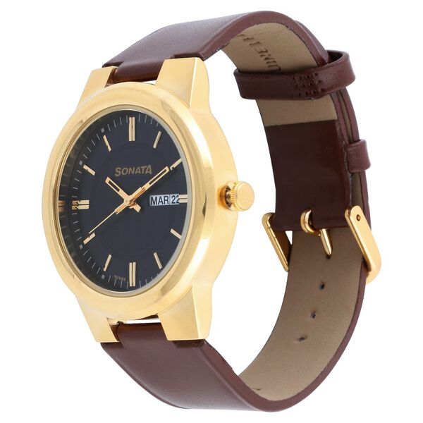 Sonata Quartz Analog with Day and Date Black Dial Leather Strap Watch for Men - image number 1