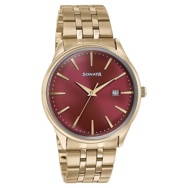 Sonata Wedding Edit Quartz Analog with Date Red Dial Stainless Steel Strap Watch For Men - image number 2