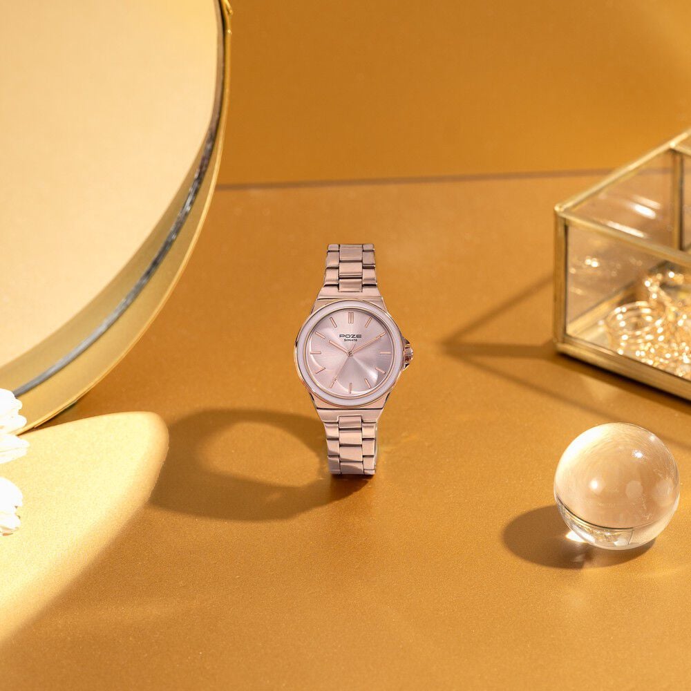 Sonata Poze Quartz Analog Pink Dial Rose Gold Colour Stainless Steel Strap Watch For Women