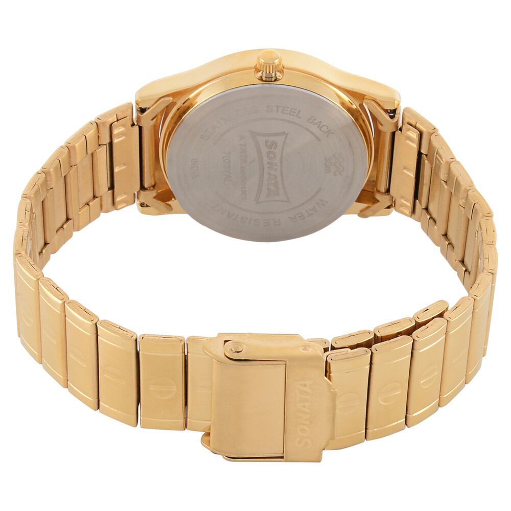 Buy Online Sonata Quartz Analog with Day and Date Champagne Dial Stainless Steel Strap Watch for Men np7023ym08 Sonata